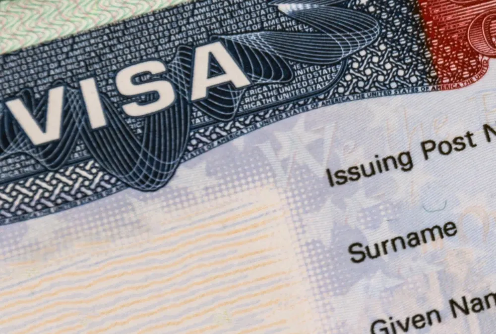 Close-up of a US visa label inside a passport