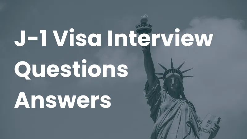 The Statue of Liberty against a cloudy sky with the title "J-1 Visa Interview Questions Answers"