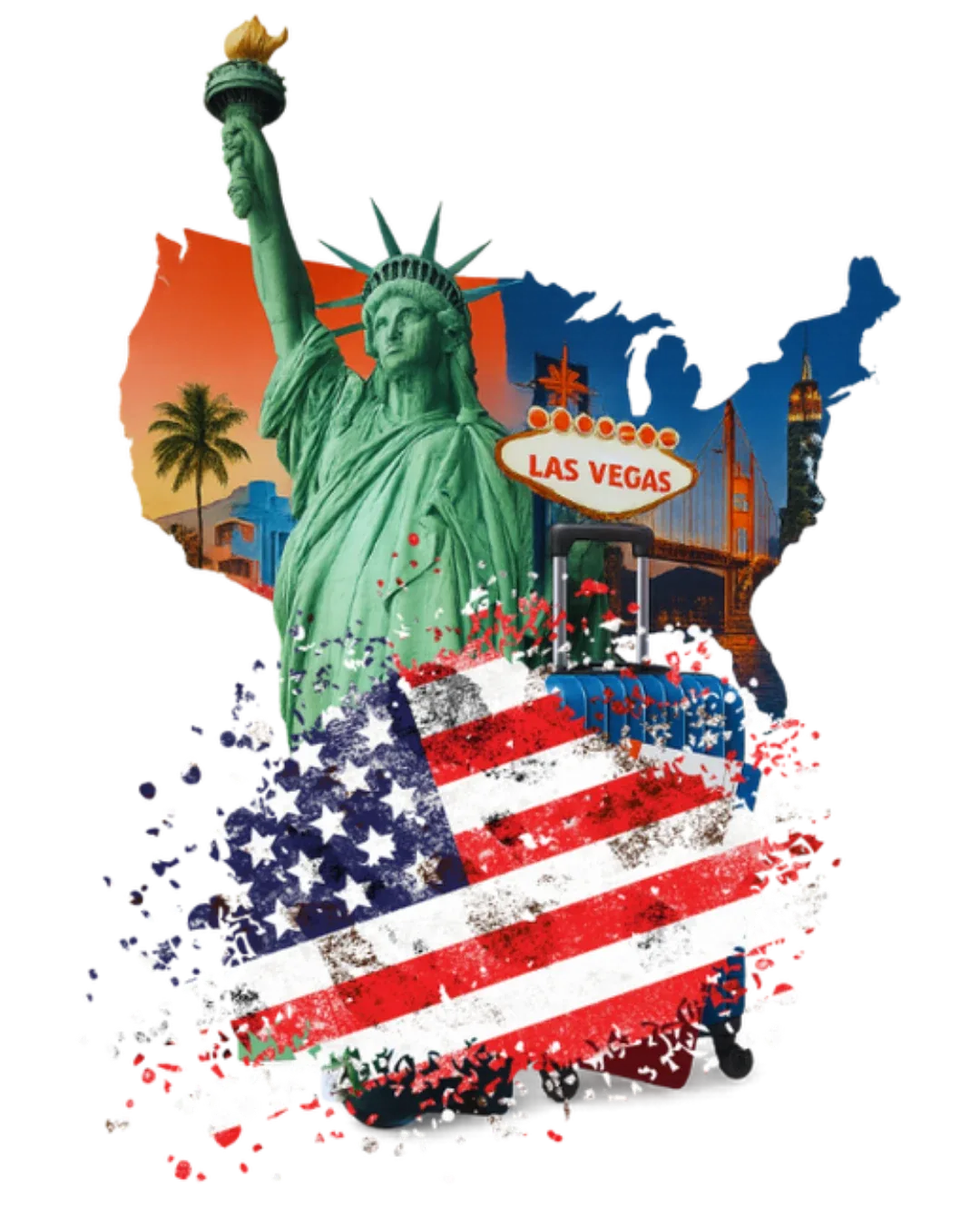 US visa consultancy — Statue of Liberty, US flag, and Las Vegas-themed collage